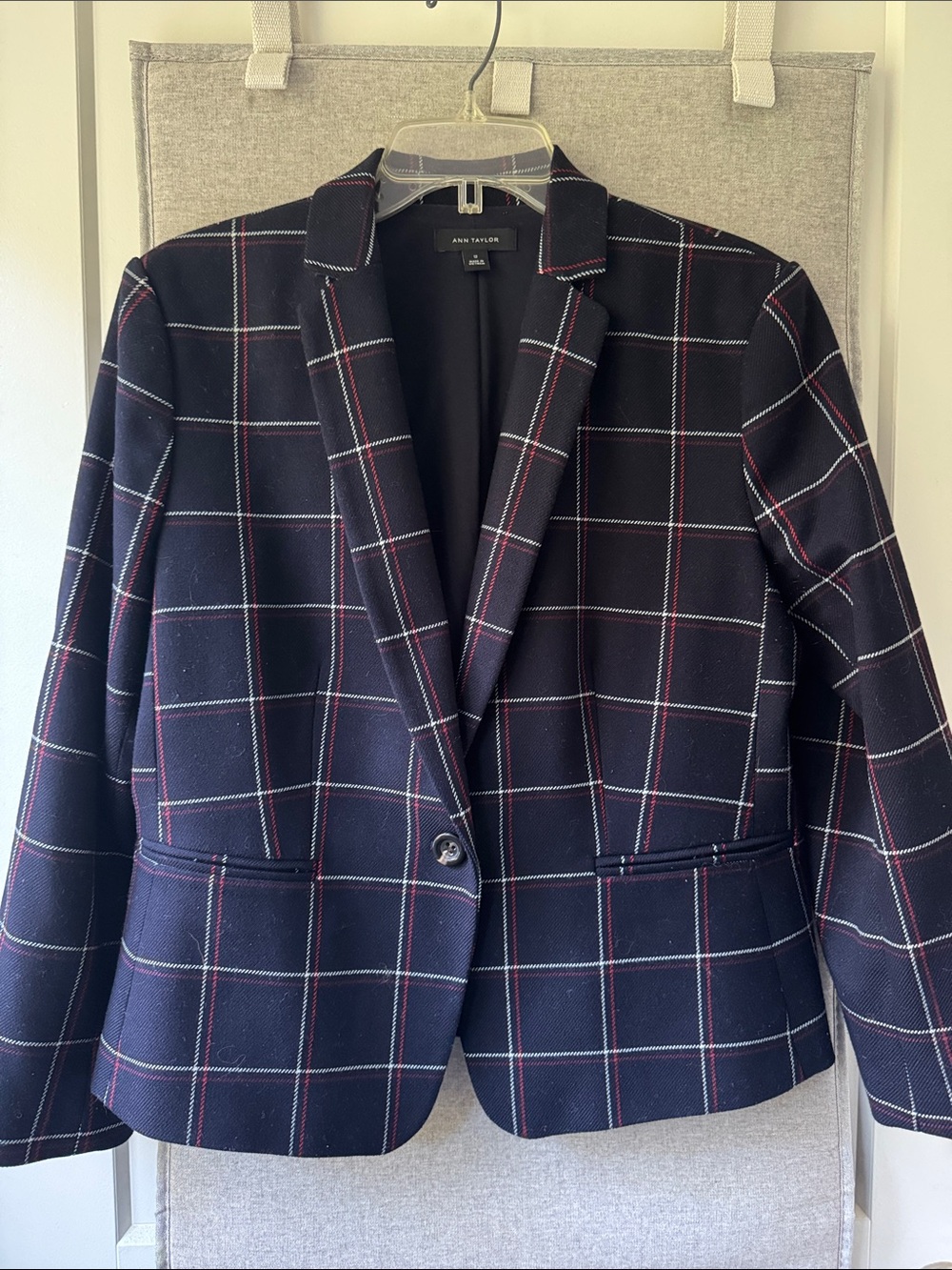 Ann Taylor Navy Windowpane Single-Button Blazer with Red Accents